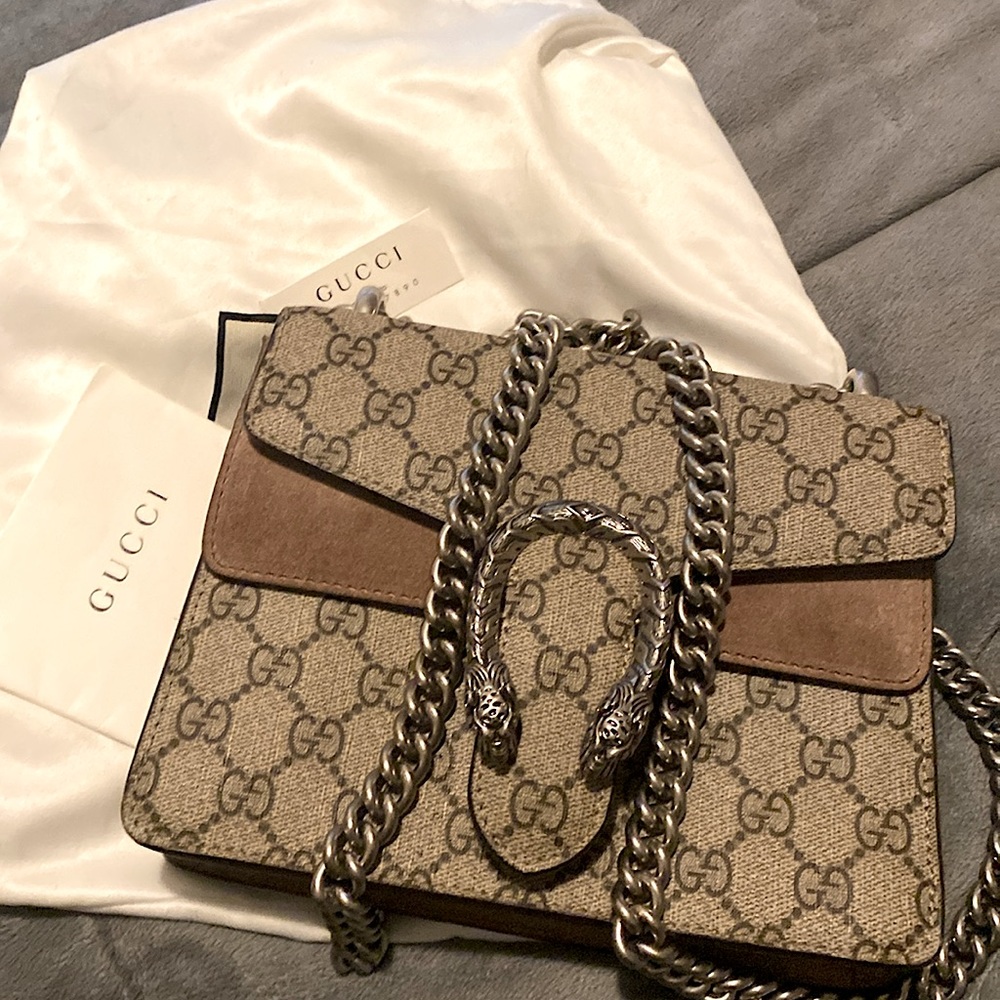 Authentic GUCCI:Beige GG Supreme Canvas & Suede Mini Dionysus Shoulder